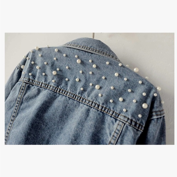 Denim Jacket Embroidered Pearls size medium - Picture 3 of 4